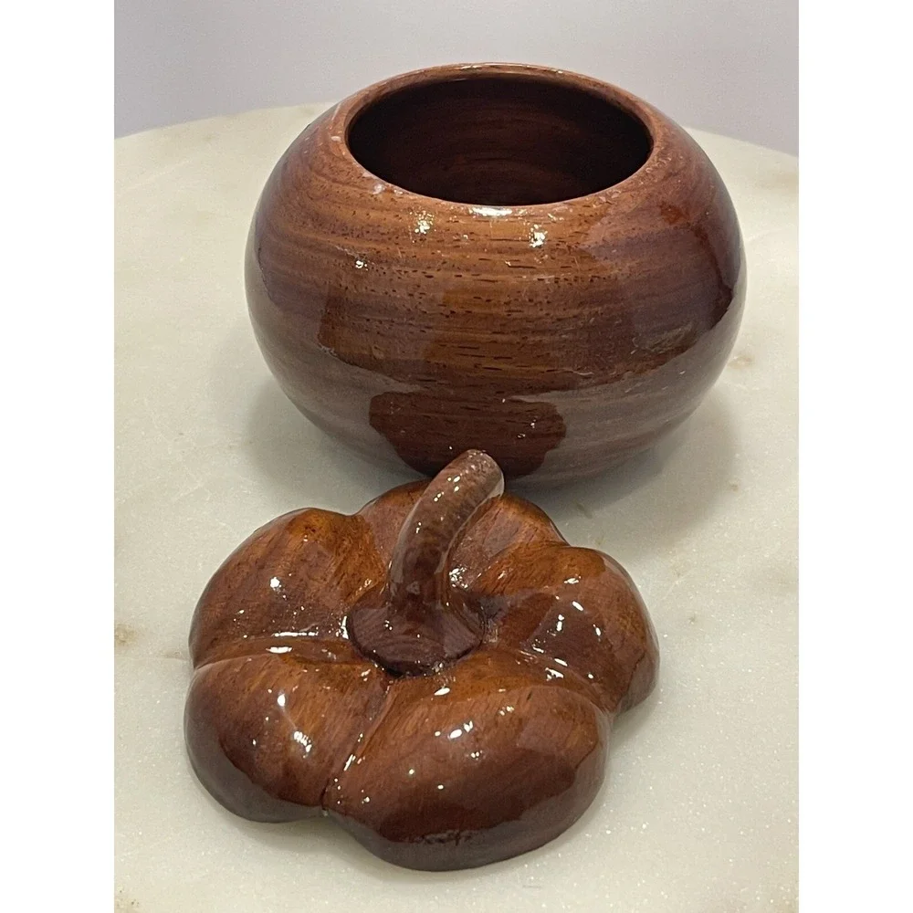 Wooden Hand Carved Lidded‎ Decor Storage Jewelry Organizer Pumpkin Trinket Box